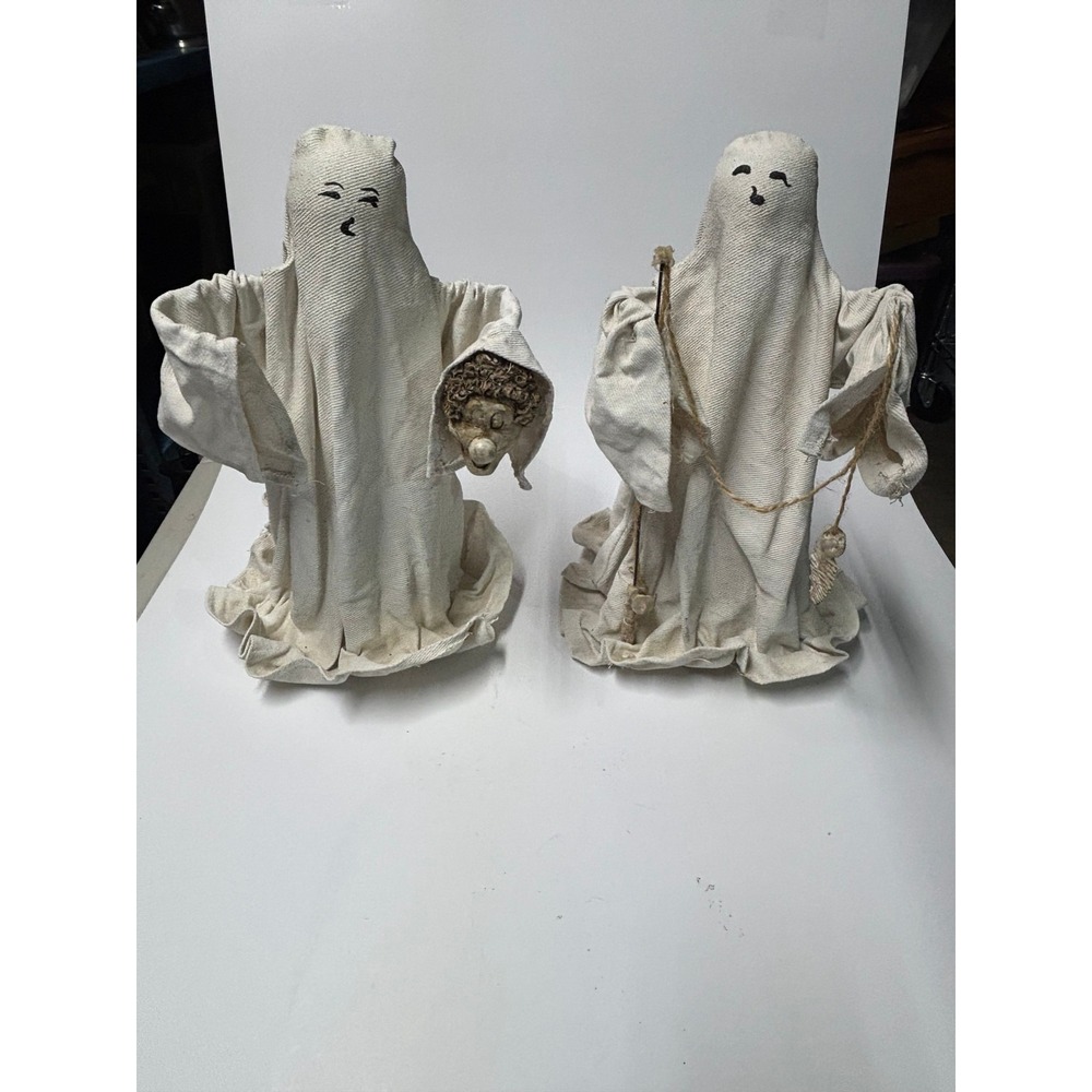 Vintage Folk Art Halloween Ghost Figurines Pair Rustic Fabric Decor Set of 2